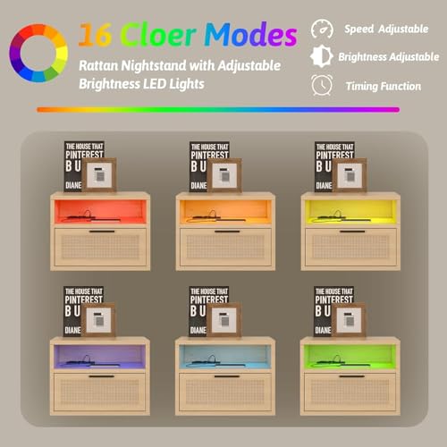 iyrany Floating Nightstand Set of 2 with Charging Station, USB Ports & Outlets, Wall Mounted Nightstands with Drawer and LED Light Strip, Small Oak Rattan Bedside Shelves iyrany