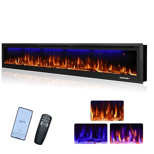 Rodalflame 74" WiFi-Enabled Electric Fireplace Insert, APP Smart Control, Wall Mounted&Recessed Linear Fireplace Heater with Thermostat, Flame&Top Lights, Log&Crystal, Timer RODALFLAME