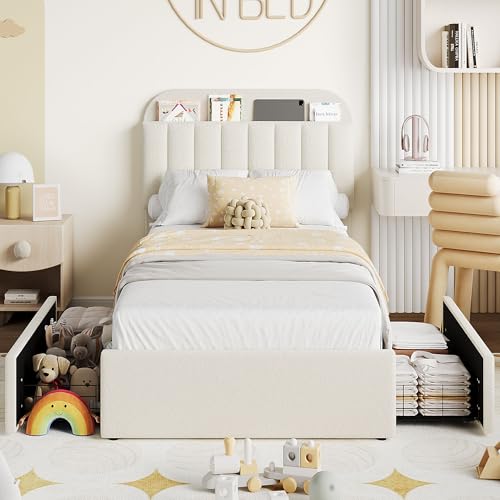 IDEALHOUSE Twin Bed Frame for Kids, Boucle Upholstered Platform Bed for Boys/Girls with 2 Flexible Drawers, Bookcase Headboard, Noise-Free, Easy Assembly, No Box Spring Needed, Beige IDEALHOUSE