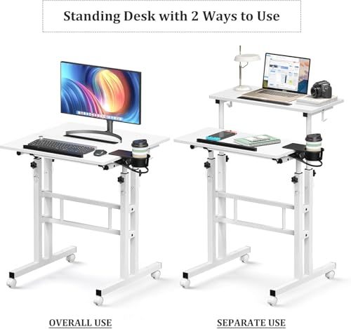 Simple Deluxe Split Top Rotating Standing Desk on Wheels – 23.6" Manual Adjustable Height Mobile Laptop Computer Table – Sit Stand Rolling Workstation with Tilt Function – White Simple Deluxe