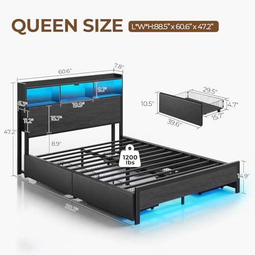 Rolanstar Queen Bed Frame with Storage Headboard & 4 Drawers, Metal Platform Bed with Charging Station, LED Single Bed with Side Shelf, No Box Spring Needed, Easy Assembly, Black Rolanstar