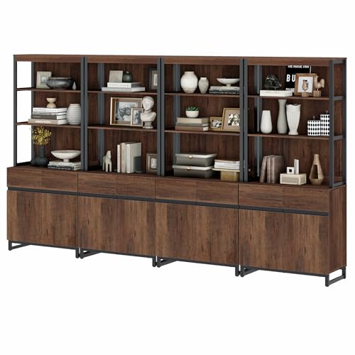 WAMPAT 4 PCS Modern 72" Tall Bookshelf with Metal Base and Adjustable Shelves, Library Bookcase with Storage Cabinet and Open Book Shelfs, Wood Bookshelves for Home Office, Living Room, Brown WAMPAT