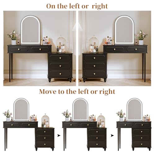 Ieejdn Black,Vanity Desk with Mirror and Lights,Makeup Vanity with Power Outlet and Adjustable Cabinet,Modern Makeup Table with 3 Drawers for Bedroom Makeup Room Ieejdn