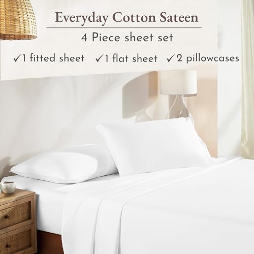 California Design Den Queen Sheet Set - Natural 100% Cotton Sheets Queen Size Bed Set with Deep Pockets, Soft Sateen Weave, Breathable and Durable Bedding (White)