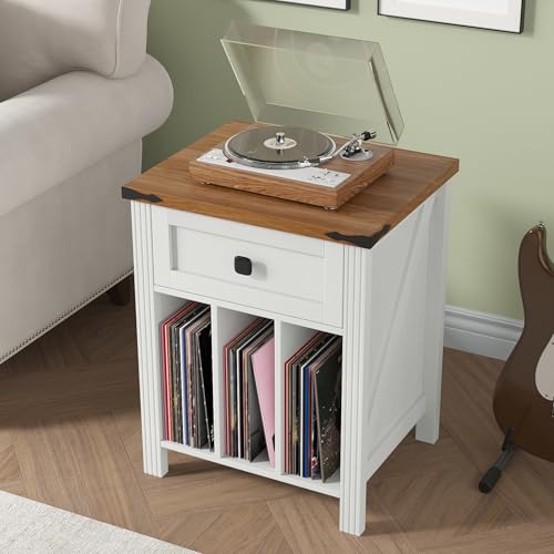 HOSEOKA Farmhouse Record Player Stand with Vinyl Record Storage, End Table with Charging Station, Wood Record Holder Cabinet Dispaly Shelf for Living Room,Bedroom,Office,White HOSEOKA