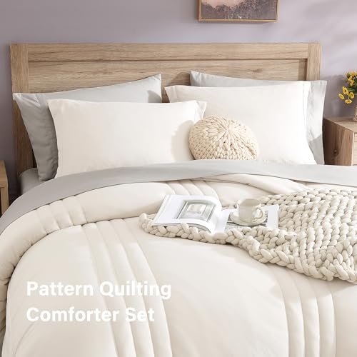 Monbix Queen Comforter Set - 7 Pieces Snow White Bed in a Bag Queen Bedding Sets with Comforters, All Seasons Comforter Bed Set with Sheets, Pillowcases & Shams Monbix