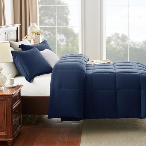 CozyLux Full Size Comforter Sets - Navy Blue Comforter Full Size, 3 Pieces Box Stitched Bed Set for All Seasons, Soft Lightweight Bedding Sets with 1 Down Alternative Comforter and 2 Pillow Shams CozyLux
