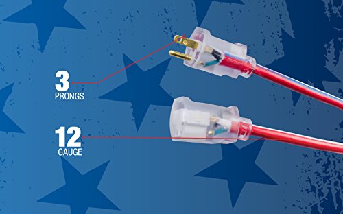 Southwire Heavy Duty Extension Cord, 50Ft, 12 Gauge, 3 Conductor, Outdoor Cord, Lighted End, SJTW, Red/White/Blue, 2548SWUSA1 Southwire