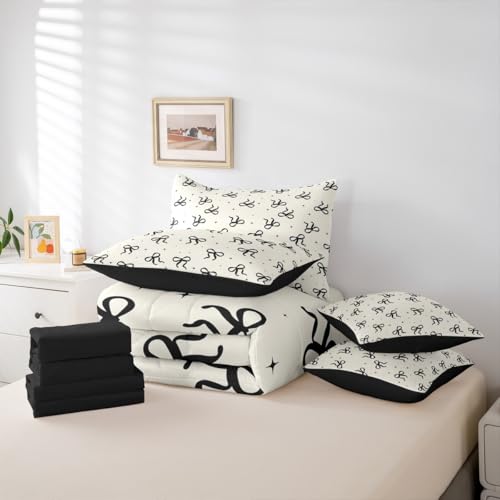 Erosebridal Black and Beige Bow Comforter Set with Sheets Teen Girls Coquette Bow Twin Size Bedding Modern Fashion Bed in A Bag 7-Piece for Women Minimalists Aesthetic Bowknot Bed Collections Erosebridal