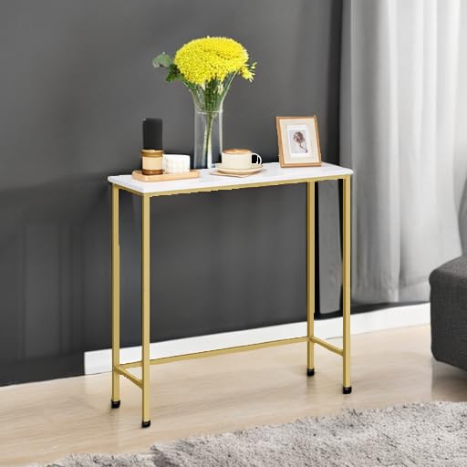 HOOBRO Narrow Console Table, 29.5" Small Entryway Table, Thin Sofa Table, Side Table, Display Table, for Hallway, Bedroom, Living Room, Foyer, White and Gold DW75XG01 HOOBRO