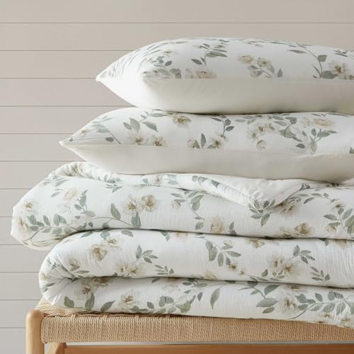 Martha Stewart - Queen Duvet Cover Set, Soft Cotton with Crisp & Tailored Naturally Smooth Cotton Percale Reverse, Lightweight 3 Piece Bed Set with Matching Pillowcases (Hazel Floral Beige) Martha Stewart