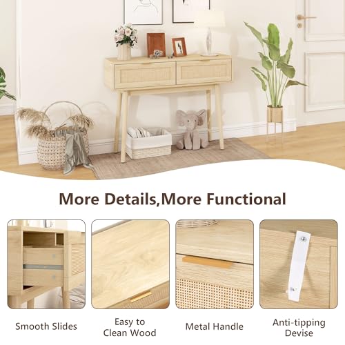 YMBSBUY Rattan Console Table with 2 Drawer, Boho Narrow Sofa Table Entryway Table, Wood Skinny Farmhouse Vanity Desk, Long Small Entry Table for Hallway, Entrance, Living Room, Bedroom, 40 inch, Oak YMBSBUY