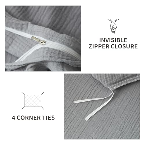 YASMENG 100% Cotton Muslin Duvet Cover Set King Size Grey, Ultra Soft Breathable Absorbent Gauze Bedding Duvet Cover, Luxurious Minimalist Natural Wrinkle Linen Textured Comforter Cover 104" x 90" YASMENG