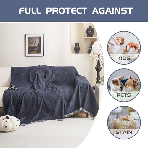 MEETSKY Washable Sofa Cover Navy Blue Sectional Couch Covers for 2 Cushion Couch Sofa Thick Universal Chenille Sofa Covers with Tassel Furniture Protector for Dogs, 71"x 102" MEETSKY