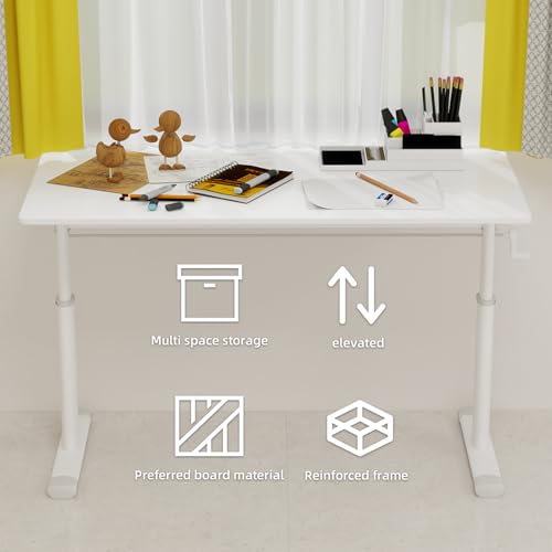 Penau Adjustable Height Standing Desk, Manual Crank Sit to Stand Computer Desk, Minimalist White Engineered Wood Top, T-Shape Iron Frame for Home Office, 47.24 x 23.62 x 35.43 Inchs. Penau
