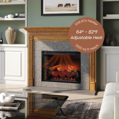 Modern Ember Uptown 28" Smart Electric Fireplace Insert, Alexa/WiFi Enabled - Includes Remote, 1,000 Sq Ft Electric Heater with Realistic Ember Bed & Log Set, Brick Background Modern Ember