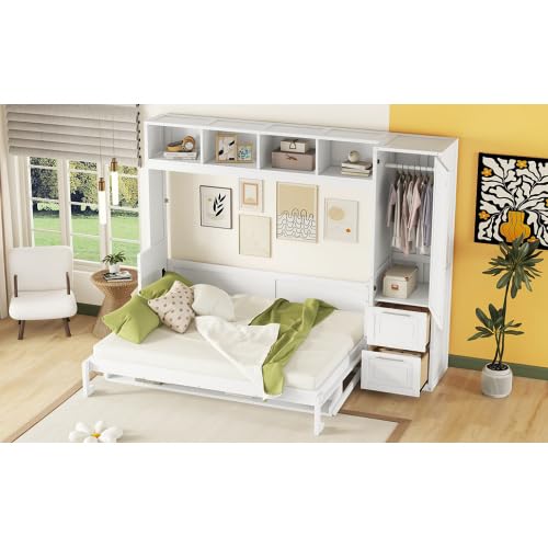 Queen Size Murphy Bed with Closet, Wall Bed with Storage Drawers, Murphy Bed Cabinet for Bedroom, Guest Room, Home Office, White Bellemave