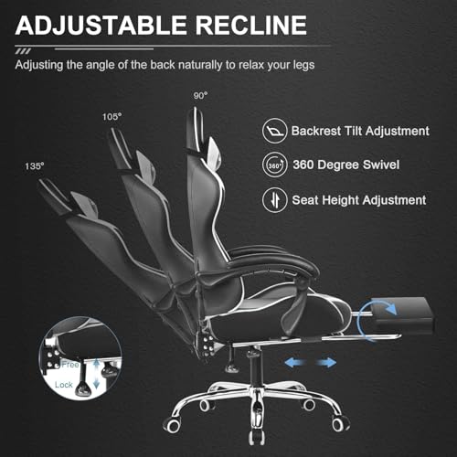 GTPLAYER Gaming Chair, Computer Chair with Footrest and Lumbar Support, Height Adjustable Game Chair with 360°-Swivel Seat and Headrest and for Office or Gaming (Snow White) GTPLAYER