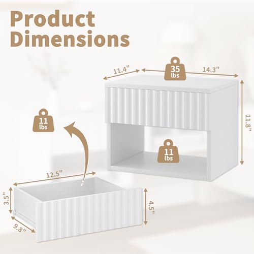 AURINEST Floating Nightstand Set of 2, Modern Wall Mounted Bedside Tables with Fluted Drawer, Night Stand Small End Table with Open Storage Shelf for Bedroom, Living Room, Small Spaces, White AURINEST