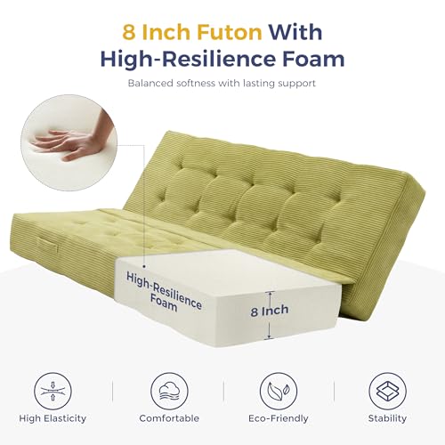 MAXYOYO 8" Full Size Folding Mattress with Handles, Tufted Foldable Couch Bed(Frame Not Included), Versatile Folding Mattress for Floor Sleeping, Living Room & Guest Room, Green MAXYOYO