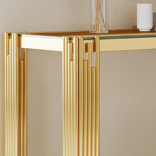 HomVent Rectangular Glass Console Table, Modern Side Sofa Table w/2 Layer Tempered Glass Living Room Table and Mirror Finished Stainless Steel Frame for Living Room Office (Gold, Console Table) HomVent
