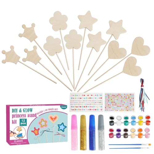 WATUNID 56Pcs Princess Fairy Wands Kit, 4 Styles Unfinished Wooden Fairy Wand with Gem Stickers, Paint, Ribbons, Make Your Own Princess Wand Craft Kits, DIY Art Magical Show Party Supplies for Girls WATUNID