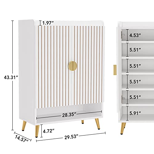 Tribesigns Shoe Cabinet with Doors, 6-Tier Shoe Storage Cabinet with Adjustable Shelves, Wooden Shoes Rack Shoe Storage Organizer for Entryway, Hallway, Closet, Living Room, White & Gold Tribesigns