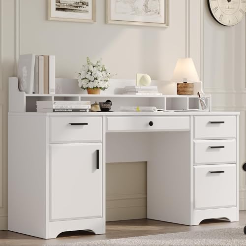 MaverickFurni Executive Desk with Hutch, 58 Inch White Computer Desk with 5 Drawers, Home Office Desk with Storage, Rustic Desk with Adjustable Shelves and Storage Cabinet for Bedroom MaverickFurni