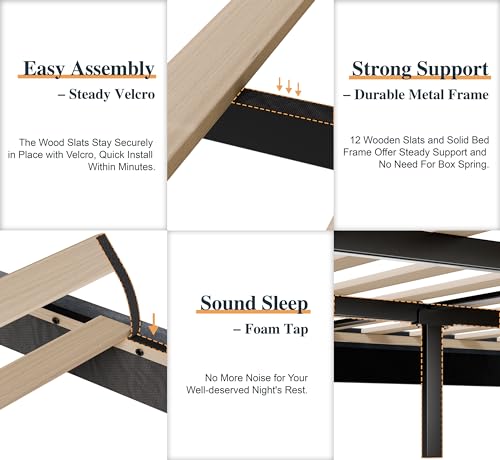 SUNLEI Queen Size Bed Frame with Tufted Button and Velvet Fabric, Bed Frame with Wingback Storage Headboard, Strong Wood Slats, Easy Assembly, No Box Spring Needed, Black SUNLEI