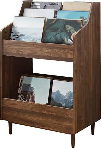 Crosley Furniture Liam Vinyl Record Storage Stand, Tiered Storage Shelves for Records, Walnut Crosley Furniture