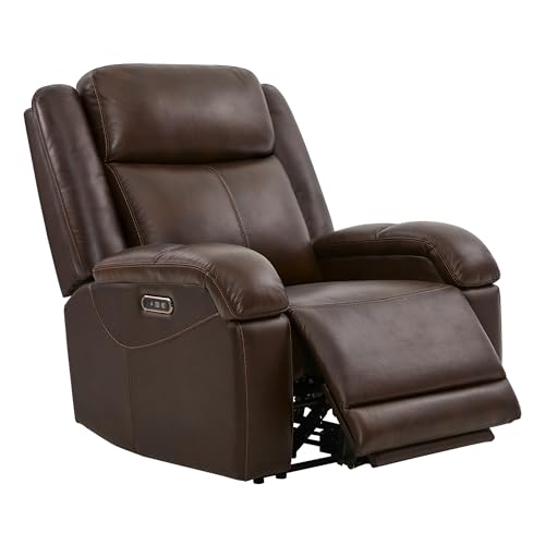 Watson & Whitely Oversized Genuine Leather Power Recliner Chairs for Big and Tall, Wall Hugger Recliner with Power Headrest & Charging Ports, Extra Large Reclining Chair for Living Room, Dark Brown