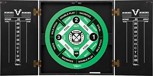Viper Hideaway Cabinet & Steel-Tip Dartboard Ready-to-Play Bundle, Reversible Standard and Baseball Game Options with Two Sets of Steel-Tip Darts and Chalk Scoreboards, Black Matte Finish Viper