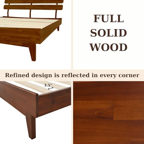 Bme Caden 15 Inch Adjustable King Bed Frame - Mid Century Acacia Wood Platform with Headboard, Dark Chocolate Bme