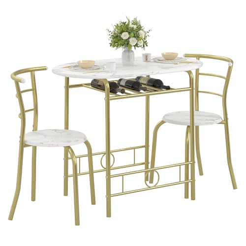 VECELO 3-Piece Dining Table Set for Kitchen Breakfast Nook, Wood Grain Oval Tabletop and Metal Frame with Built-in Wine Rack, for Small Spaces, White & Gold VECELO