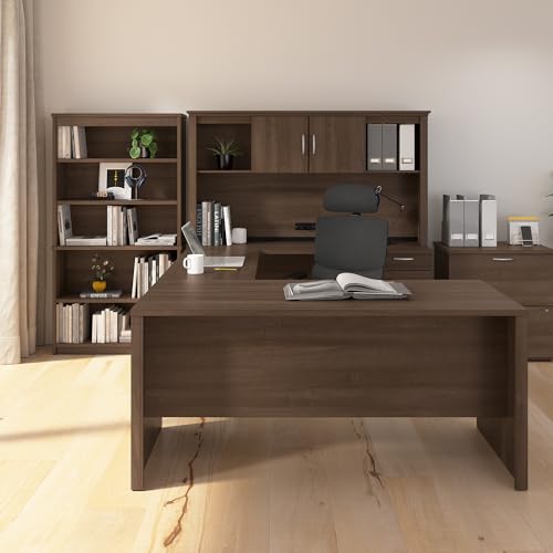 Bestar Logan 66W U-Shaped Desk with Hutch, Lateral File Cabinet, and Bookcase in Antigua Bestar