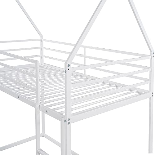 Merax Modern Heavy Metal House Low Bunk Bed Twin Over Twin, Montessori Floor Bunk Bed Frame with Full-Length Guardrail/No Box Spring Needed White Merax