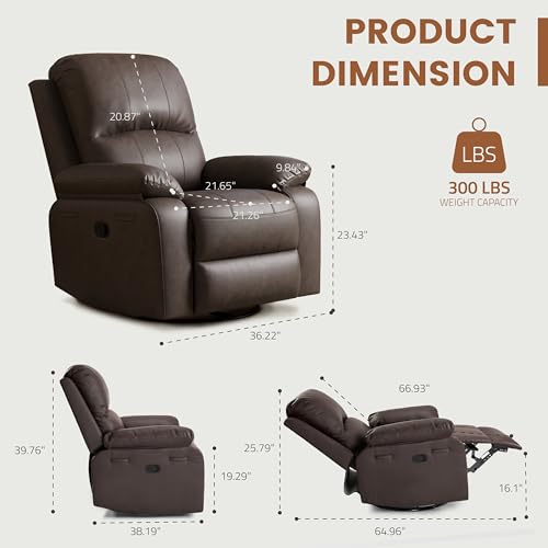 Attalee Leather Swivel Rocker Recliner Chair, Traditional Manual Chair, Upholstered Nursery Glider Rocking Recliner, Comfy Faux Leather Single Sofa with Pocket Spring for Living Room, Dark Brown