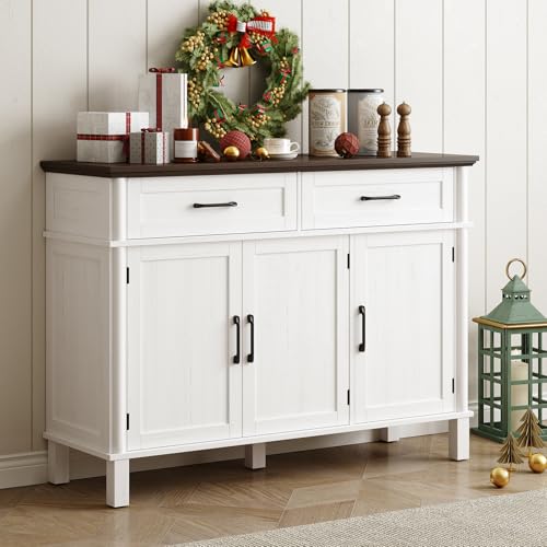 48 Inches Buffet Cabinet with Storage, Farmhouse Sideboard Buffet w/2 Drawers and 3 Doors, Wood Coffee Bar Cabinet with Adjustable Shelves, Sideboard Storage for Kitchen, Living Room, Off White ONBRILL