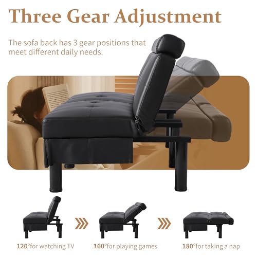 DRMBOOK Convertible Futon Sofa Bed Set with Storage Ottoman, Adjustable Recliner Sleeper Sofa Bed with Side Pocket, Comfy Futon Couch with Table for Living Room, Dorm, Office (Faux Leather, Black) DRMBOOK