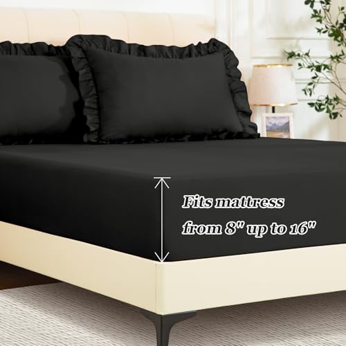 KKJIAF Full Fitted Bed Sheets with 2 Ruffle Pillowcases, Brushed Microfiber Fitted Sheet with 16 Inches Deep Pocket, Comfy Breathable Bed Sheets, Black (No Flat Sheet) KKJIAF
