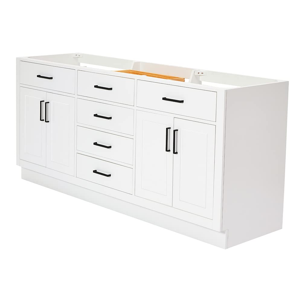 ARIEL Double Bathroom Vanity Base Cabinet 72" White, Double Sink Configuration, 4 Soft Closing Doors, 6 Full Extension Dovetail Drawers, Toe Kick, Matte Black ARIEL