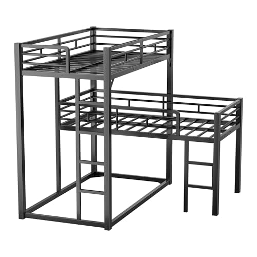 PVWIIK Heavy Duty L-Shaped Triple Bunk Bed for Kids Bedroom,Twin Over Twin Over Twin Metal Bunkbeds with Ladder & Safety Guardrail,Easy Assembly Metal Bed Frame, Black PVWIIK