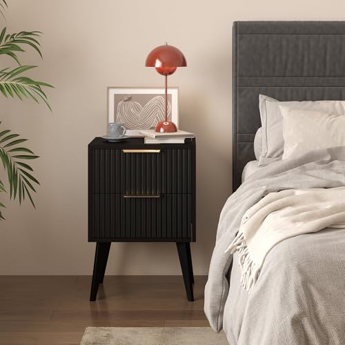 YAUKOMEL Black Night Stand,Modern Bedside Table,Small Nightstand with 2 Drawers,Fluted Side Table with Wood Legs,Mid Century End Table for Bedroom,Small Space,Black 11.8" D x 16" W x 22.4" H CTG55BK YAUKOMEL