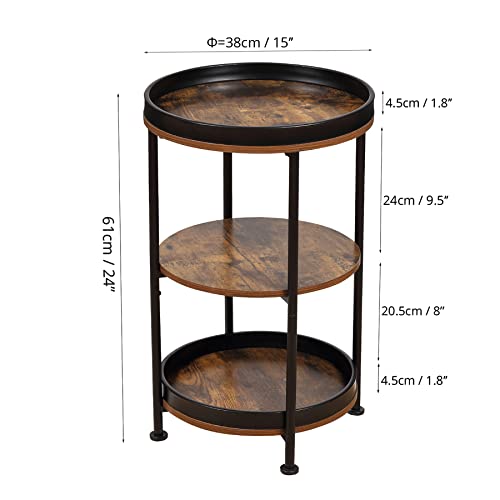 Dulcii Side Table, Round End Table with 3 Storage Shelves for Living Room, Bedroom, Nightstand with Steel Frame for Small Spaces, Industrial Round Sofa Table, Outdoor Accent Coffee Table, Rustic Brown Dulcii