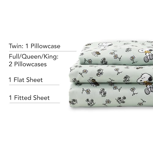 Berkshire Blanket Peanuts® Kids Sheet Set Full Size - 4 Pieces,Cute Character Snoopy Printed Soft Microfiber Bed Sheets,Mini Snoopy & Woodstock New Flower and Bees Sage Berkshire Blanket