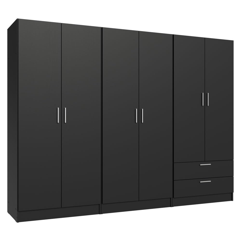 Madesa 6 Doors 2 Drawers Wardrobe Set Armoire Closet Bedroom Storage Cabinet with Shelves and Hanging Space 94" L Wooden Clothing Organizer Unit (Black) Madesa