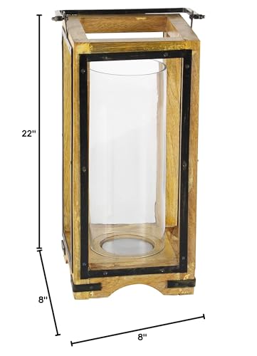 Deco 79 Wood and Metal and Glass Lantern, 8" x 8" x 22" Deco 79
