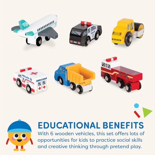 Battat – Miniature Toy Cars – 6Pcs Wooden Minis – Classic Rescue & Construction Vehicles – Steamroller, Dump Truck – 3 Years + – Wooden Vehicles Set 2 Battat