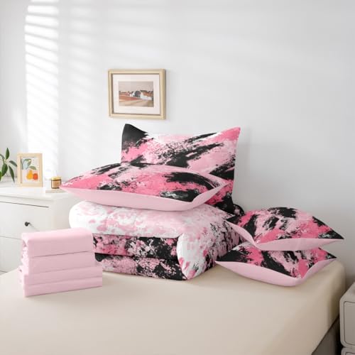 Feelyou Pink and Black Comforter Set with Sheets King Size Abstract Minimalist Bedding Set for Boys Girls Modern Geometric Bed in a Bag 7 Pieces Microfiber Feelyou