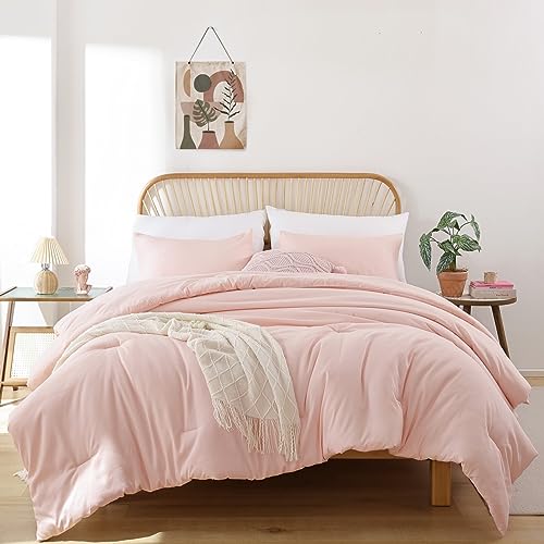 ROSGONIA Comforter Full Size for Girls Boys Teens Blush, 3pcs(1 Boho Pink Comforter & 2 Pillowcases) Lightweight Dorm Bedding Soft All Season Bed Set ROSGONIA